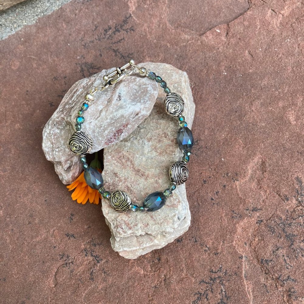 Blue Crystal and Rose Charm Bracelet